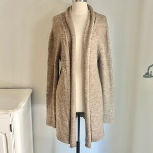 Beige Shawl Collar Open Front Duster Cardigan Sweater, Mid-Weight Knit, Large